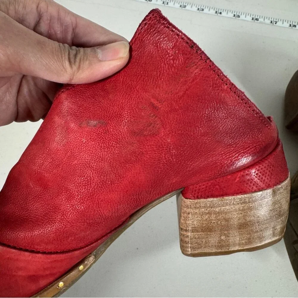 AS98 Red Leather Peep Toe Mules Size 38 Block Heel Boho Hippie Lagenlook - Picture 6 of 16
